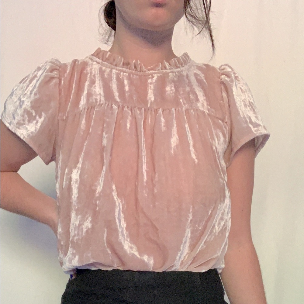 Pink Velvet High-Neck Frilly Top